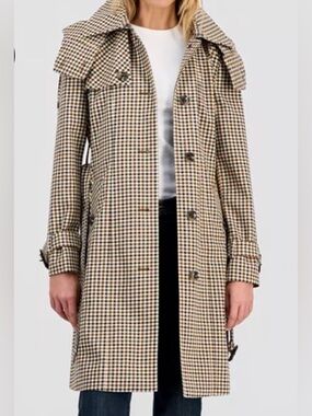 London Fog Black and Cream Gingham Trench Coat - hooded and water resistant